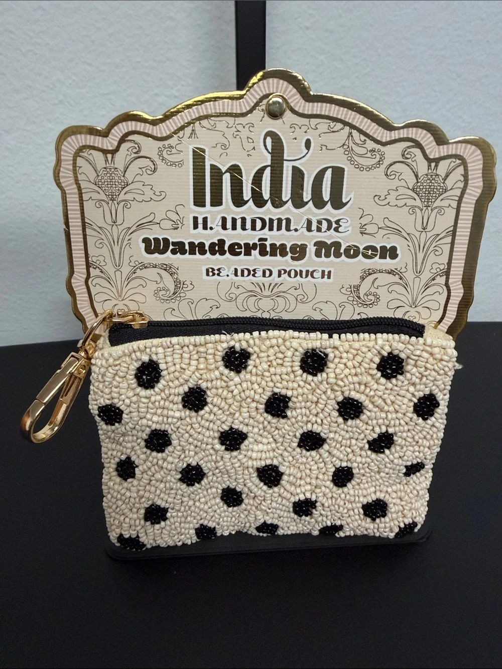 Wandering Moon | Cream & Black Polka Dot Beaded Coin Purse